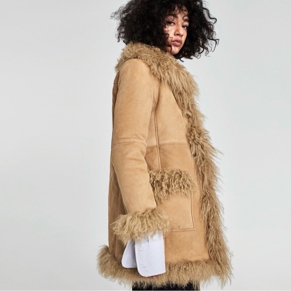 Zara NTW Women's Tan Genuine suede/ Shearling fur Coat - Picture 3 of 12